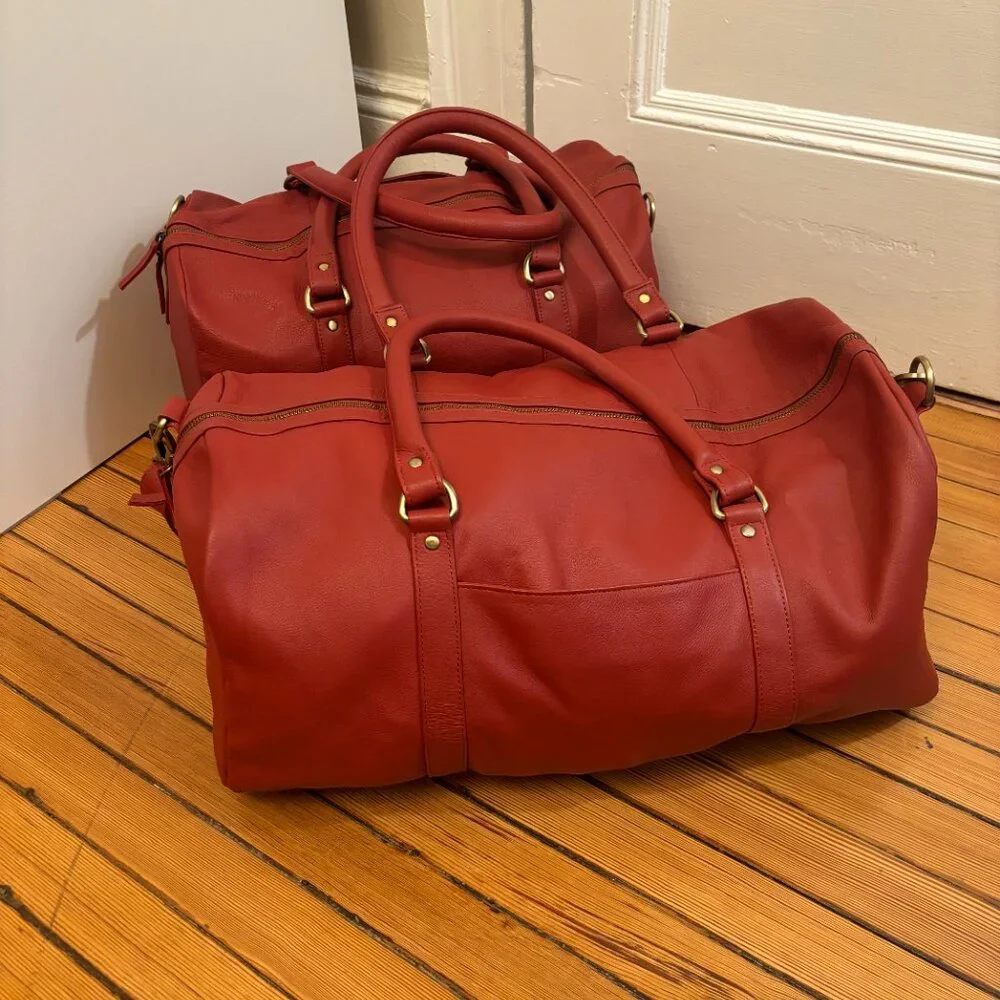 Leather Traveler Bags Hand Dyed Dark Red Carry On Travel Medium & Small size - Picture 3 of 15